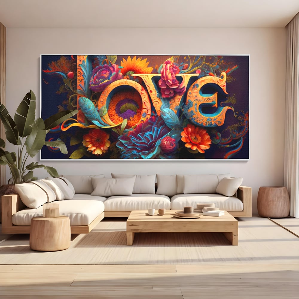 Tablou canvas cu tablou canvas cu litere florale stilizate, in rama de aluminiu argintiu, pe perete intr-un living
